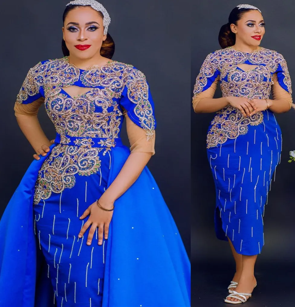 2022 Plus Size Arabic Aso Ebi Royal Blue Luxurious Prom Dresses Lace Pärled Sexig kväll Formell Party Second Reception Birthday Engagement Gowns Dress ZJ330