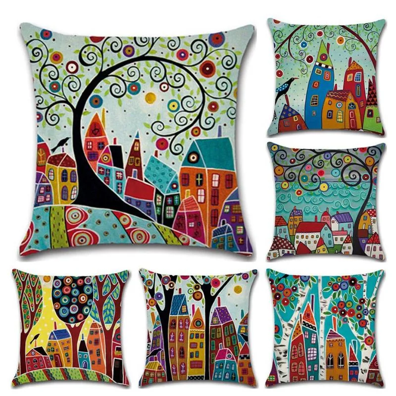 Pillow Case Hand-Painted Retro Rural Color Cities Cushion Cover 45 45cm Linen Throw Car Home Decoration Decorative Pillowcase CasePillow