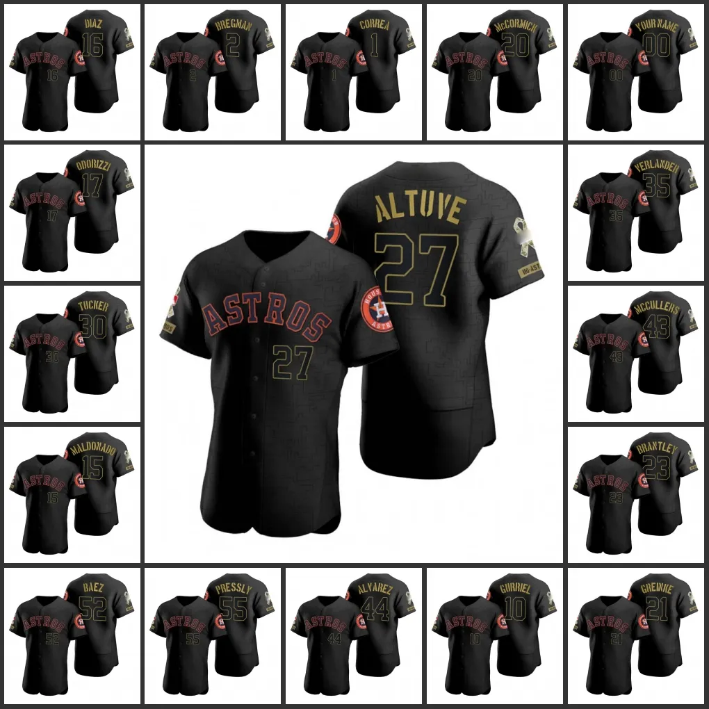 Houston Astros Men Women Youth Justin Verlander Alex Bregman Jose Altuve Jake Odorizzi Aledmys Diaz Custom All Black Salute to Service Jersey