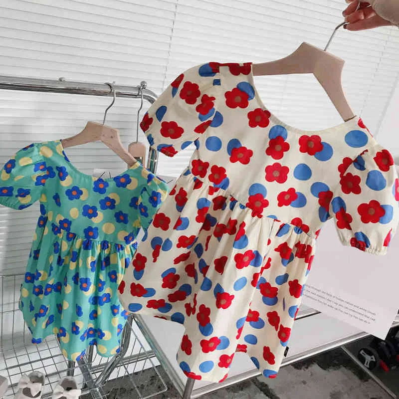 Filles Robe Enfants Vêtements D'été 2022 Rouge / Bleu Fleur Imprimer Manches Bouffantes Dos Nu Mode Coréenne Princesse Robes Vestidos G220510