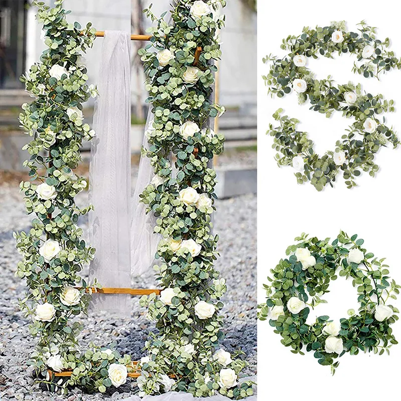 Decoratieve bloemen kransen 180 cm eucalyptus slinger met camellias kunstmatige 220823