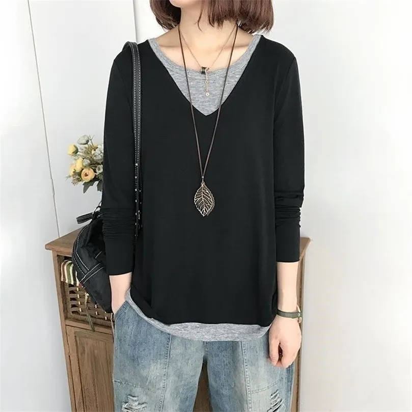 O Collo 100% Cotone T Shirt Donna Autunno Manica Lunga Camicia Donna Oversize T-Shirt Stile Coreano Allentato Plus Size Camicie Donna 220408