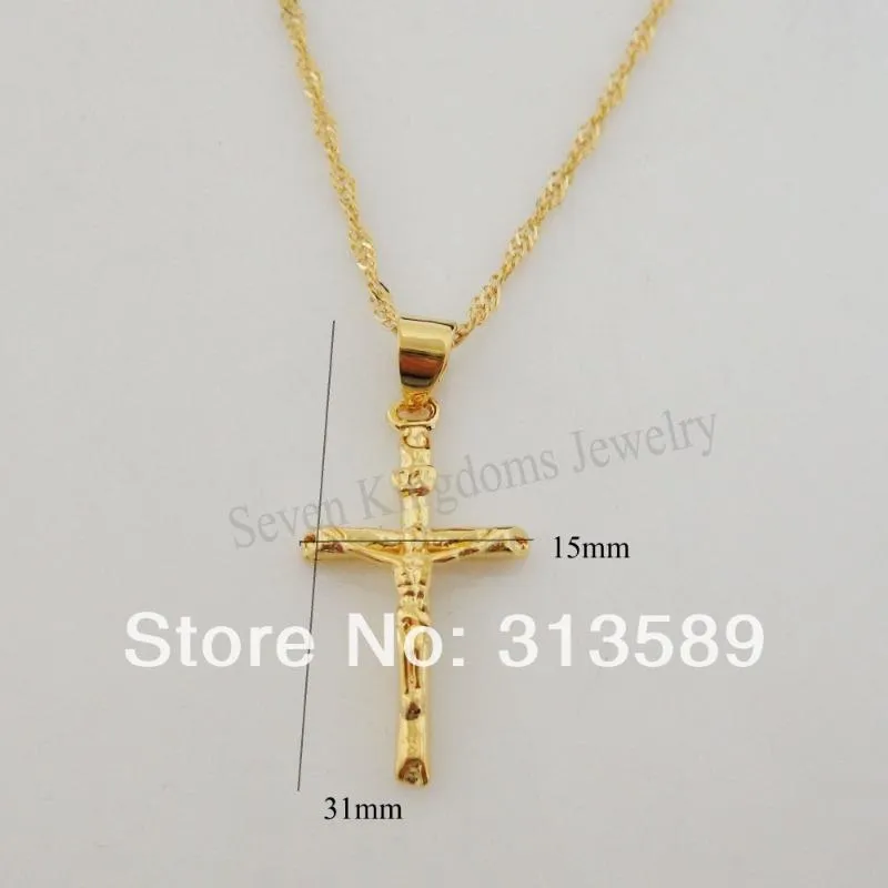 Pendant Necklaces YELLOW GOLD OVERLAY 18" NECKLACE & JESUS CROSS GOD CUTE SHAPEDPendant NecklacesPendant