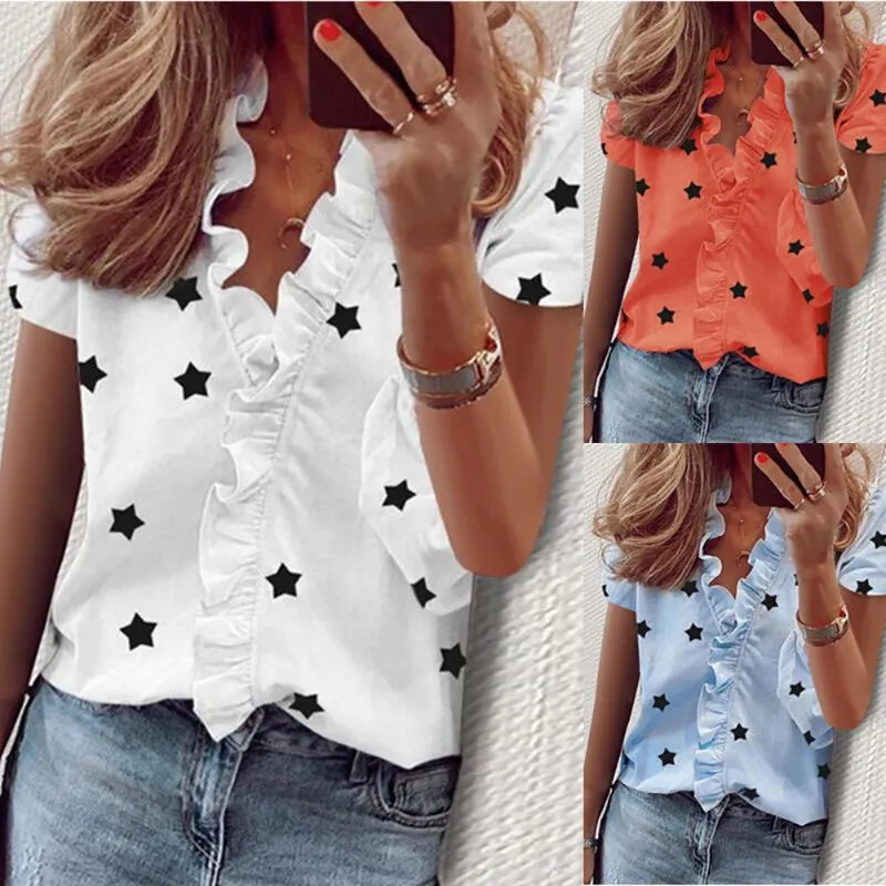 Blusas para mujer Camisas Modelos de ráfaga de verano Manga corta con cuello en V con volantes Estampado de estrellas Camisa para mujer Mujer