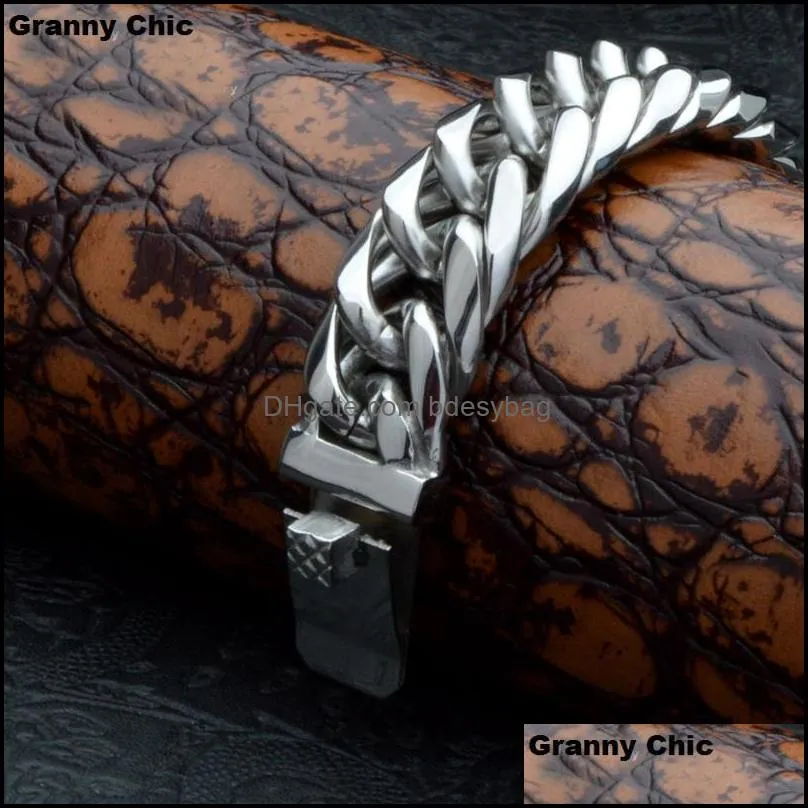 link chain granny chic birthday gift for mens silver stainless steel high quality curb heavy wide bracelet 14mm 8.66