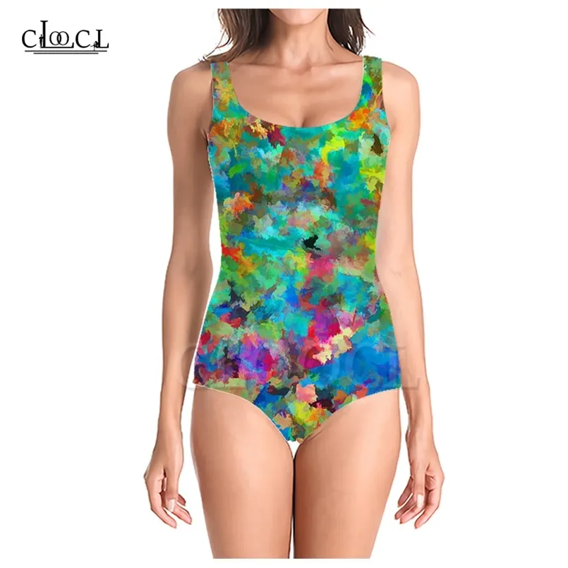 Coloré peinture éclaboussures 3D imprimer filles une pièce maillot de bain maillot de bain sans manches mince Sexy femmes maillots de bain 220617