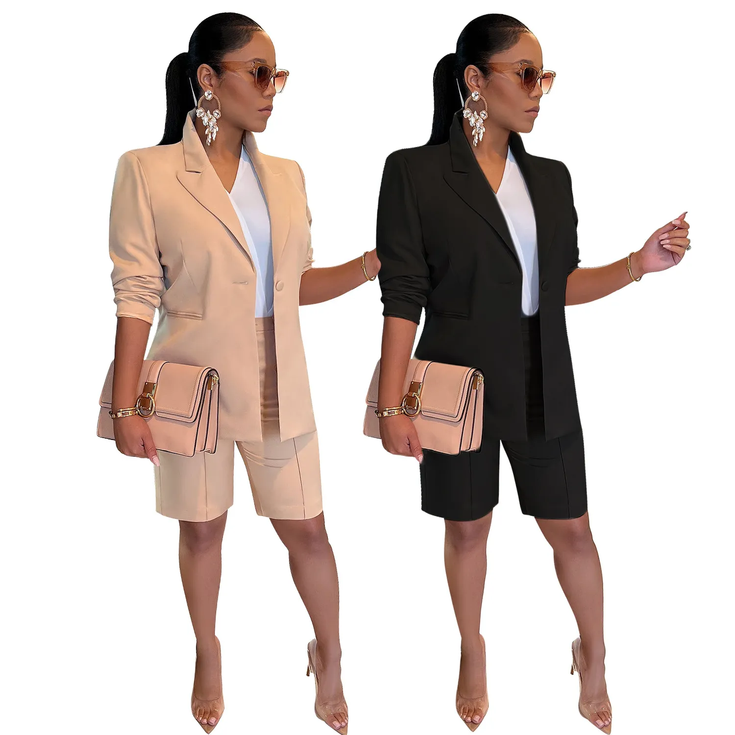 Office Lady Two Piece Blazer Shorts Suits Set Women Summer Long Sleeve Formal Jacket Kort byxkläder för kvinnliga kvinnliga femme kläder