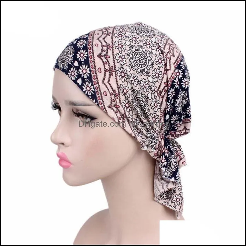 NEW Fashion Women Flower Muslim Ruffle Cancer Chemo Hat Beanie Scarf Turban Head Wrap Cap Printed Headwear Lady Hats New