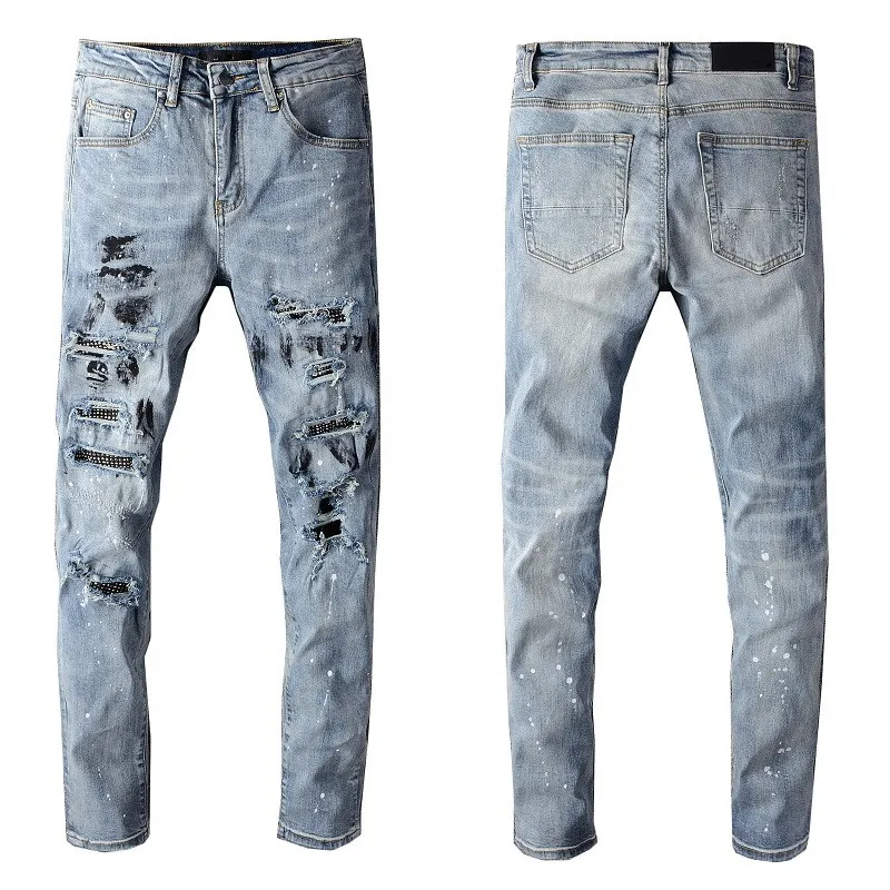 Uomo Pantaloni Blu Skinny Jeans Slim Strappati Vestibilità Cult Motociclista Moto Hip Hop Moda di Strada per Giovani Uomini Ragazzi Toppa con Rivetti Elasticizzati Gamba Dritta in Vernice Denim Cerniera Lunga Alla Moda