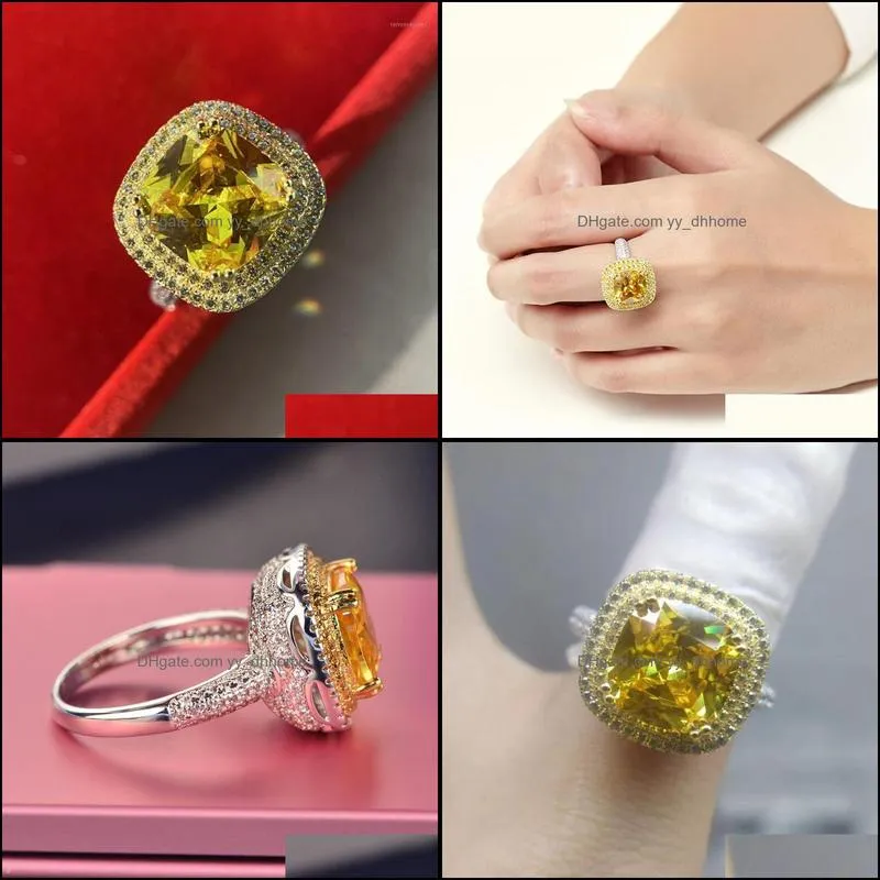 Wedding Rings High Quality 10X10MM Big Square Yellow Cubic Zircon Stone Ring Fine Copper Jewelry Party For Women1