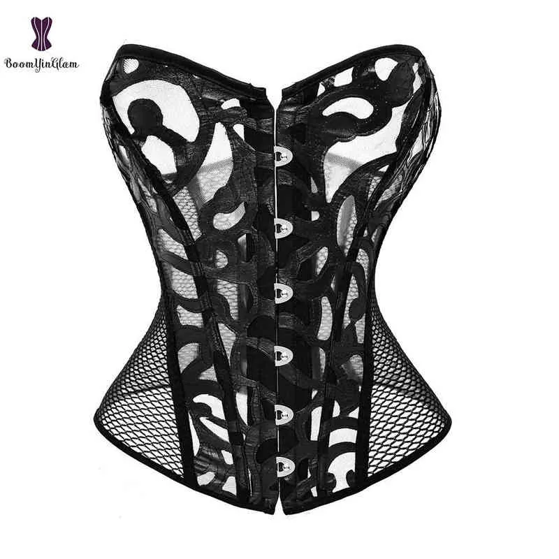 Taille en buik shapewear zwarte dames ademende shapwear kostuums sexy transparante mesh corselet hol out corset bustier top met g string 930 0719