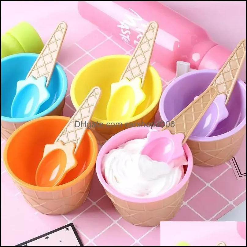 ice cream tools cute plastic ices cream bowl with spoon eco-friendly dessert colorful tart bowls container set cup children tableware