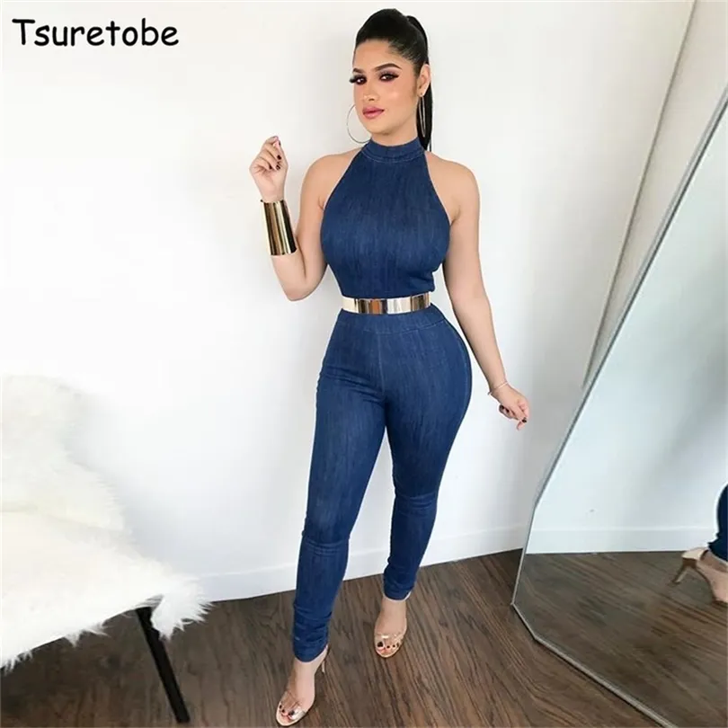 Tsuretobe mouwloze bodycon denim jumpsuit vrouwen rompreren mode ritsen sexy strakke overalls bodysuit vrouwelijke jeans jumpsuit t200509