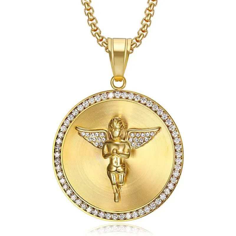 Stainless Steel Religious Hip Hop Iced Out Angel Wings Pendant For Women Men Gold Color Round Necklace With Stones