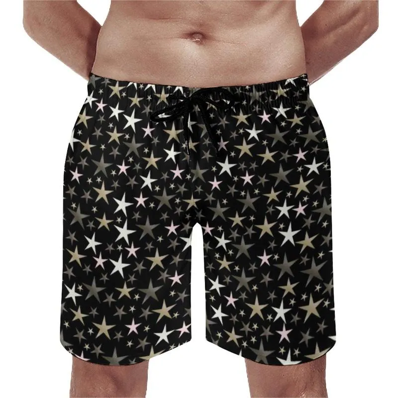 Men's Shorts Bright Star Board Black Silver Shiny Stars Print Design Beach Men's Drawstring Pattern Swimming TrunksMen's