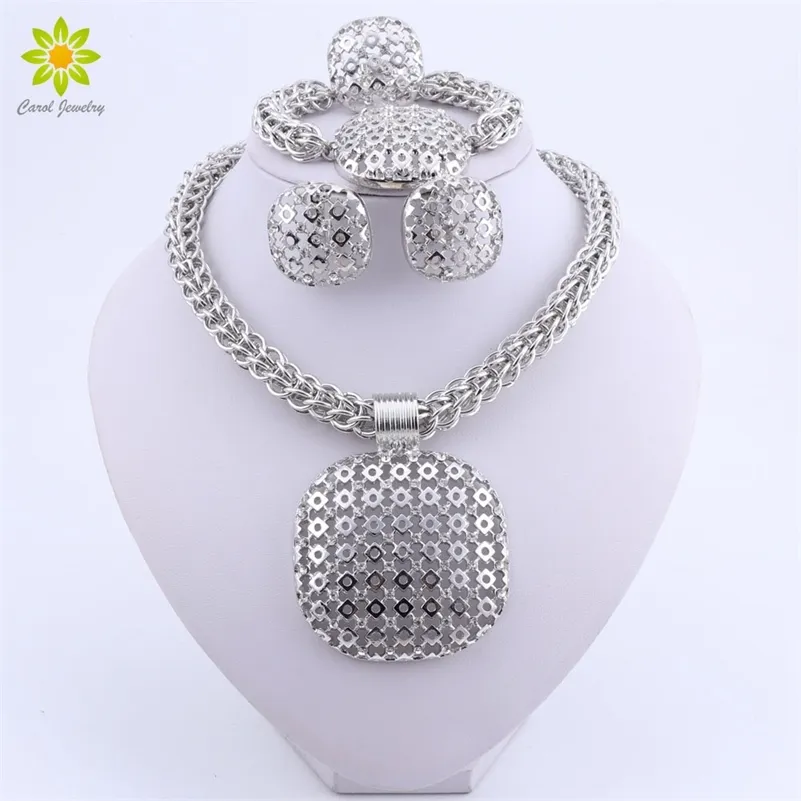 Dubai srebrna biżuteria z zestawu biżuterii kobiety duży wisiorek Naszyjnik Moda Nigeryjski ślub African Crystal Costume Biżuteria Bridal Zestaw 220716