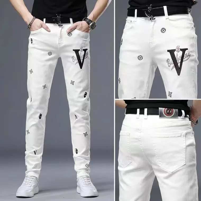 Designer hommes jeans haut de gamme broderie mode tendance homme jeans décontractés coton stretch pantalon taille 28-38 yards