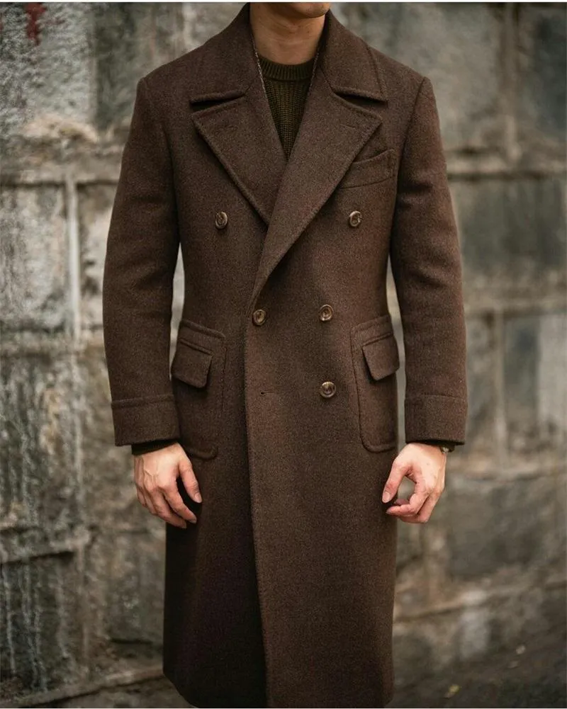 Męskie garnitury Blazers Brown Woolen Men Overcoat Wykonane długie podwójnie piersi smokingi szczytowe Lapel Blazer Kurtka biznesowa Wysoka jakość