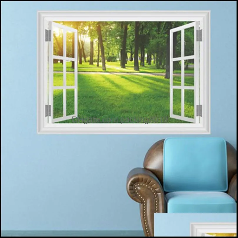 fake window view wall decal sunshine forest tree grassland wall stickers for living beautiful landscape wall decals home decor