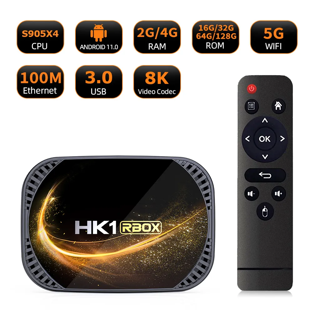 AMLOGIC S905X4 ANDROID 11.0 HK1 RBOX X4S LAN 100M 8K Caixa de TV 4GB 32GB 64GB 128GB 2.4G 5G Dual Brand WiFi BT4 MEIDA Player