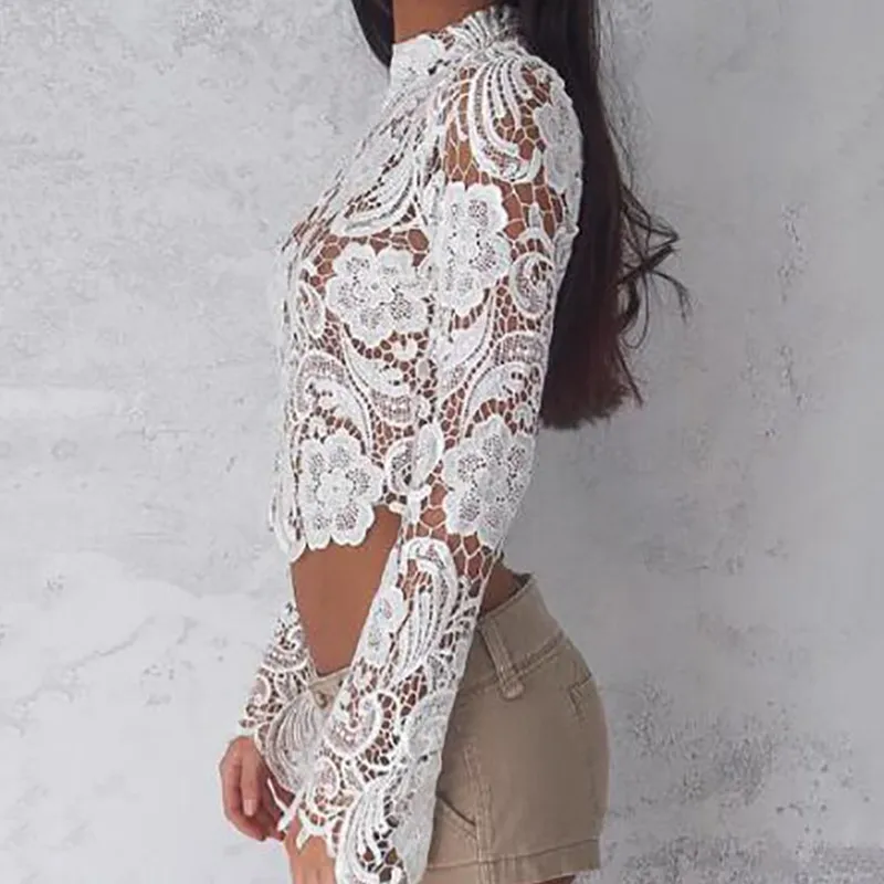 Blusas elegantes de encaje blanco de cuello alto ver a trav s de blusa corta de ganchillo de manga larga Sexy blusas de moda para mujer camisa Floral