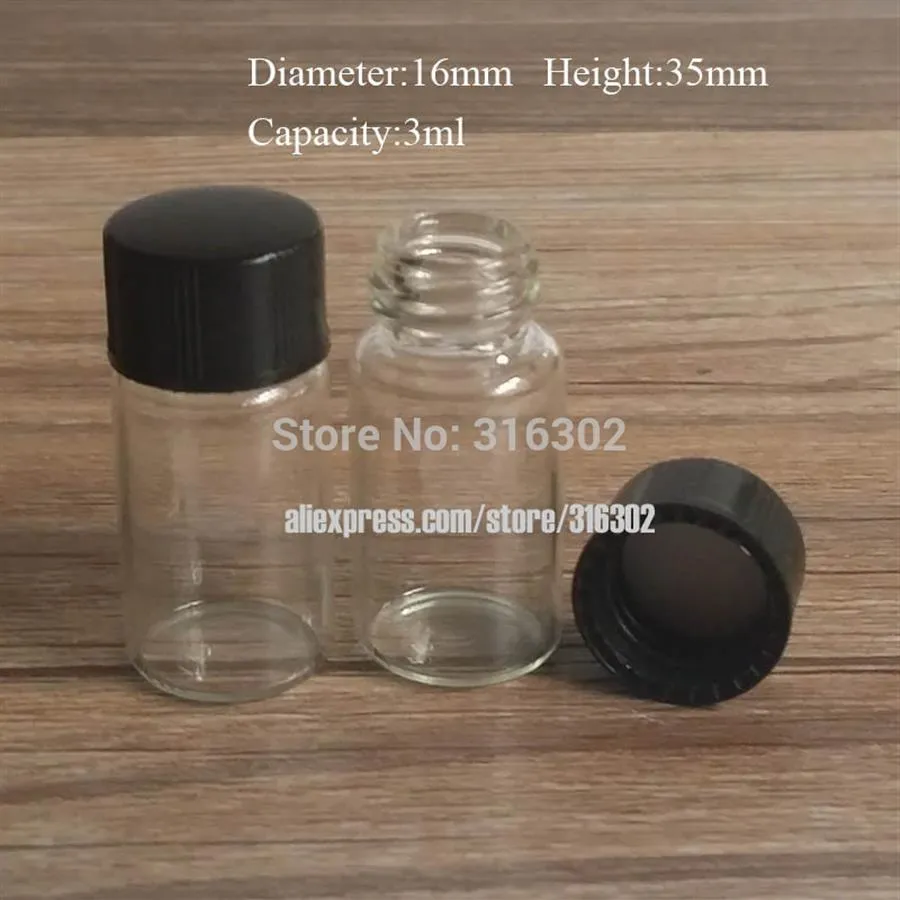 50 x 3 ml klare leere Mini -Glasflasche 1 10 Unzen Mini Glassfläschchen 3cc Schraubenhalle Probe Fläschchen mit schwarzer Cap249e