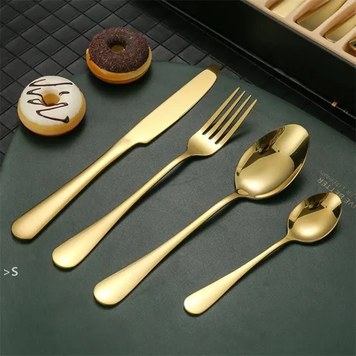 Juego de 4 piezas de vajilla de acero inoxidable de color dorado, cuchillo, tenedor, cucharilla, juego de cubiertos, juego de vajilla BBB14994