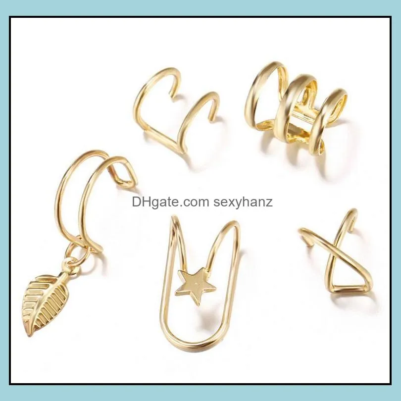 5pcs/lot Star Leaf Clip on Screw Back earrings C shape Silver gold leaves dangle Hoop earring fashion women ear cuff