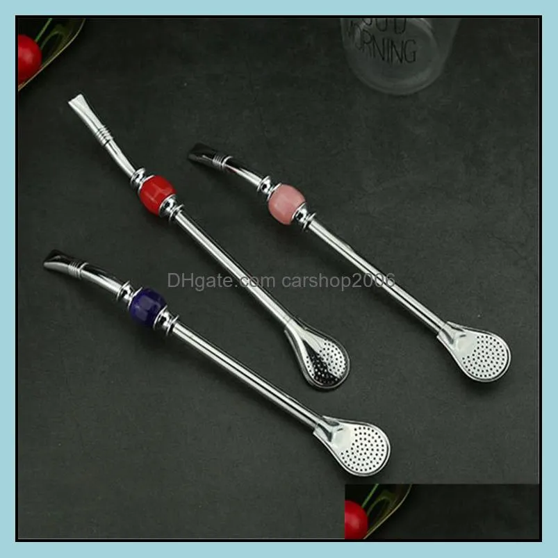 filter straw spoon 304 stainless steel spoon pipe with colorful stones straw and spoon white box packing