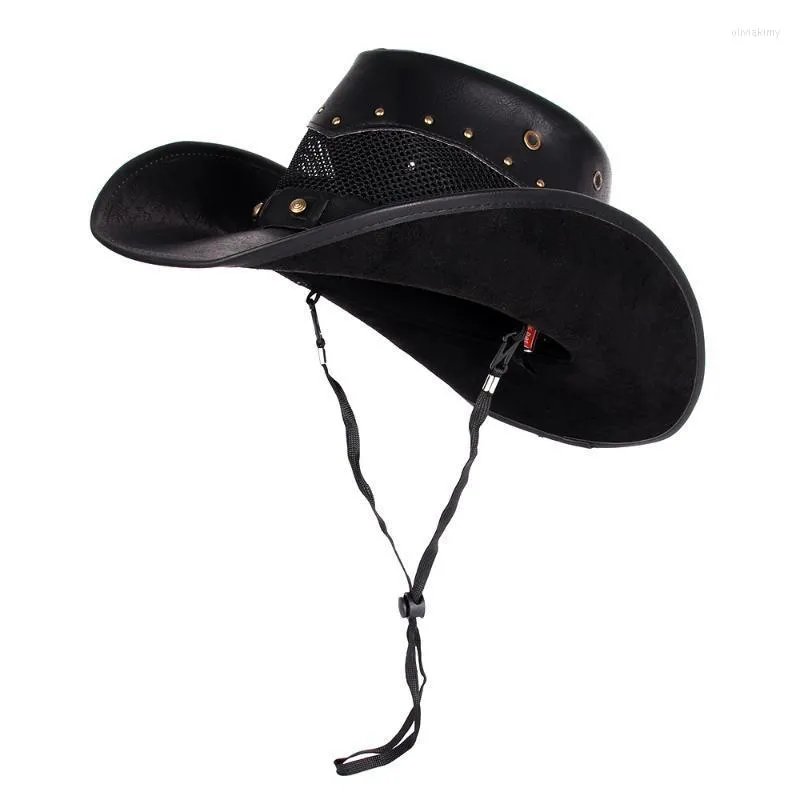 Basker 100% läderkvinnor män västra cowboy hatt sommarnät andas sombrero hombre kepsar pappa gudfar hattar 2 szie plus sizeberets oliv2