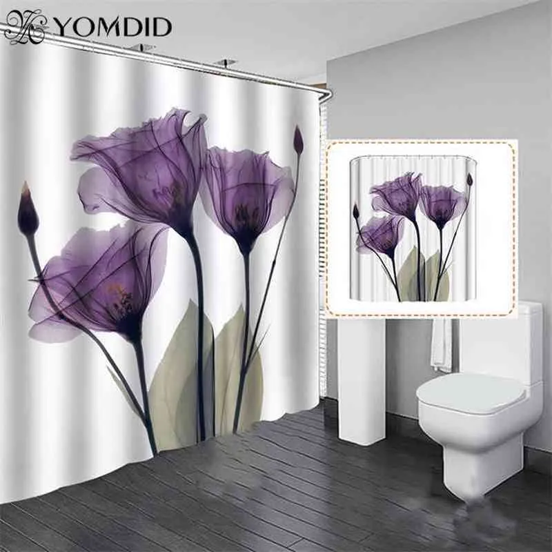 Tulip Flower Padrão de chuveiro Cortina de chuveiro Cortina de pano de poliéster Cortina de banheira de impressão 3D com decoração de banheira em casa 210402