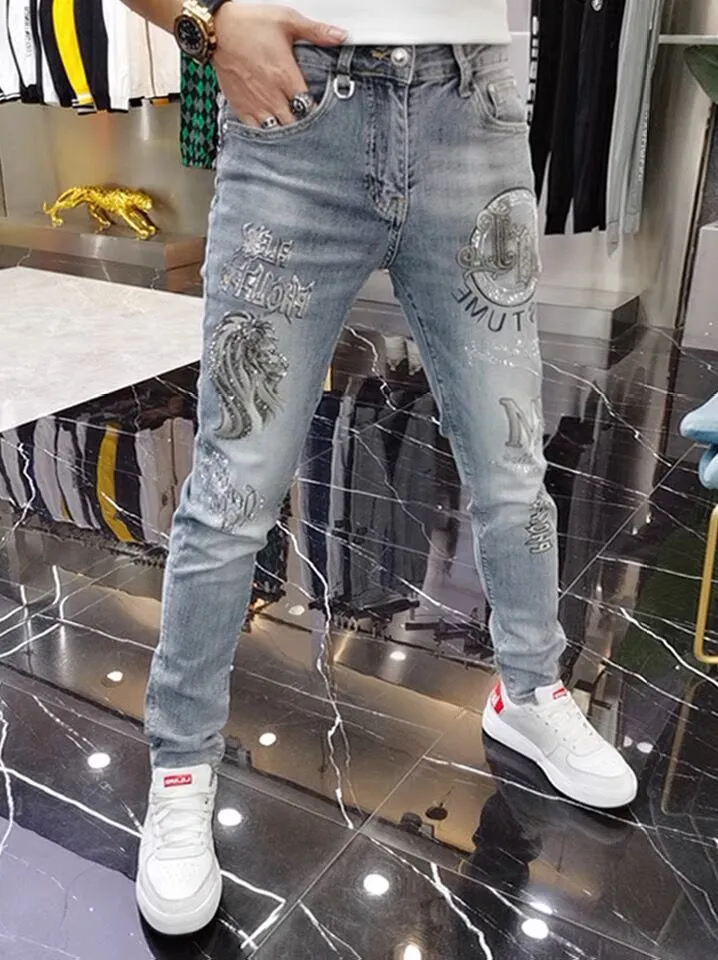 Novo Jeans Masculino Pesado Artesanal Impressão De Diamante Quente Marca De  Moda Bonito Casual Calças Finas Streetwear Calças Jeans De Motocicleta De  $223,35