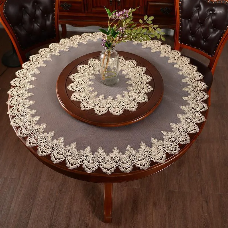 Toalha de mesa redonda de toalha de mesa Europa Europa bordada quente grande arte renda transparente capa de pó jantar pequeno tapete de disco