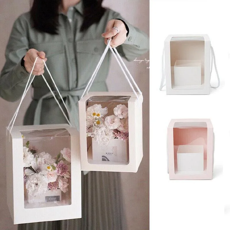 Present Wrap Flower Paper Boxes Clear Window Transparent Portable Packing Wedding Party Bagsgift