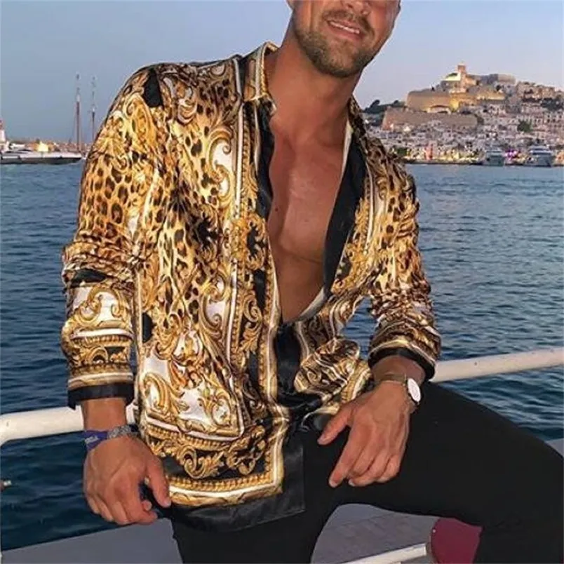 Tryck skjorta lyxgulgul leopardkläder Män Loose Long Sleeve Chemise Tops Homme Social Men Club Prom Shirt M-3XL 220326