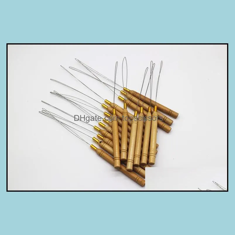 Wooden Handle Pulling Needles for Micro Rings/Loop beaded Hair Extensions Iron Wire Threader Hook Pulling Hair Extension Tools