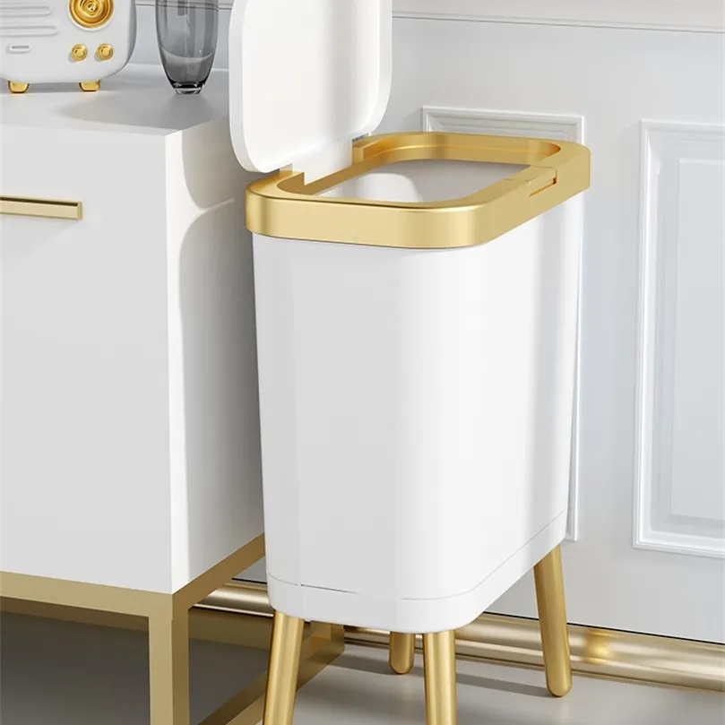 15L Büyük Kapasiteli Altın Lüks Çöp Kutusu Mutfak Banyo için Can Yaratıcı Yüksek Ayaklı Push-Tipi Plastik Çöp Kutusu Ile Kapaklı 220408
