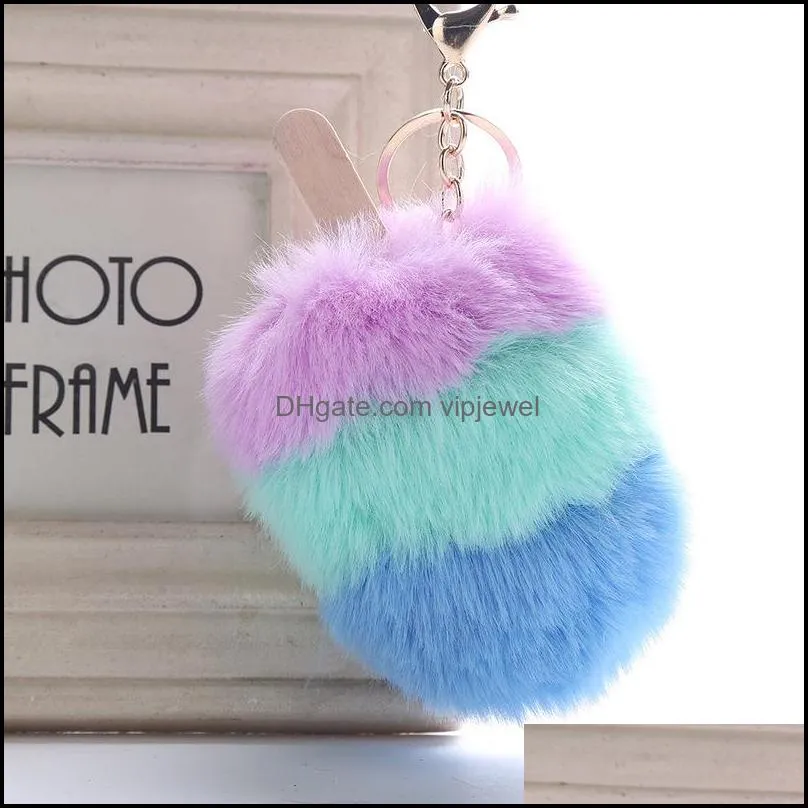 fluffy ice cream fur ball key ring charm hanging pompom keychain plush pendant bag keyfobs holder ornament 7 styles h586q a