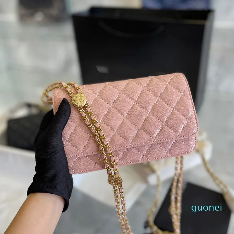 2022 Klasik Mini Flep Kapitone Para Çantaları Havyar Deri Cüzdan Altın Metal Zincir Crossbody Omuz Çantası Çok Pochette Kart Tutucu Çantalar 18cm