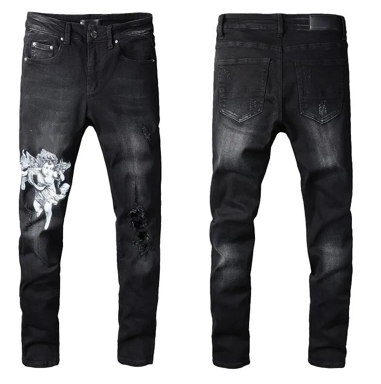 Modeheren jeans coole stijl luxe ontwerper denim broek noodlijdende fietser zwart blauw Jean Slim Fit motorfiets maat 28-40