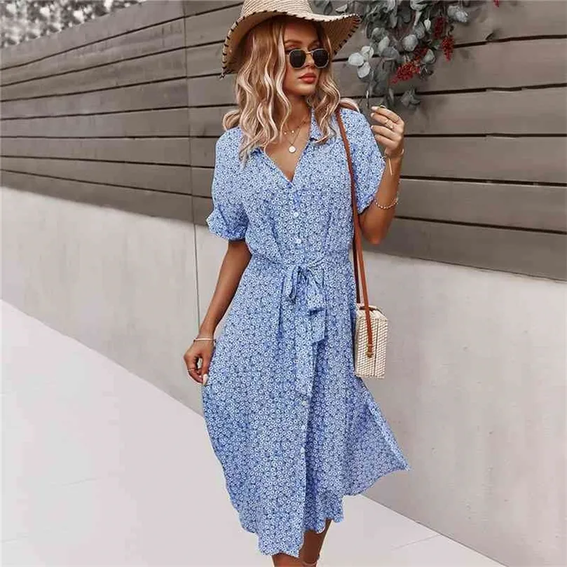 2021 Spring New Bandage Dress Women Women Casual Manga curta Button Dress Floral Print for Woman Summer Holiday Style Dress 210322