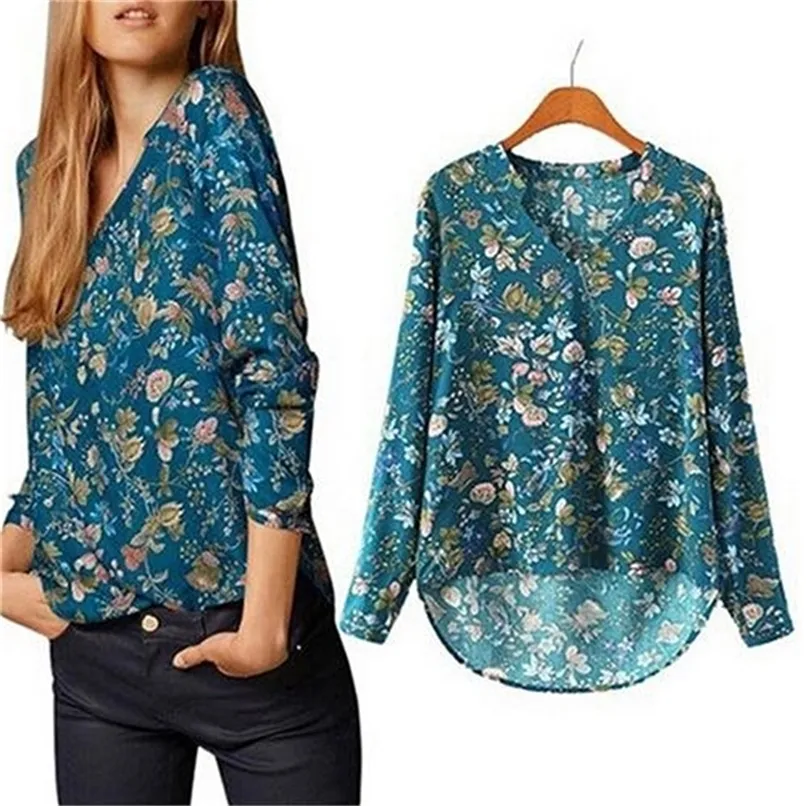 Mulheres casuais de manga longa vneck camisa floral camisa de chiffon blusa irregular camisa sexy vneck Floral Pattern 220812