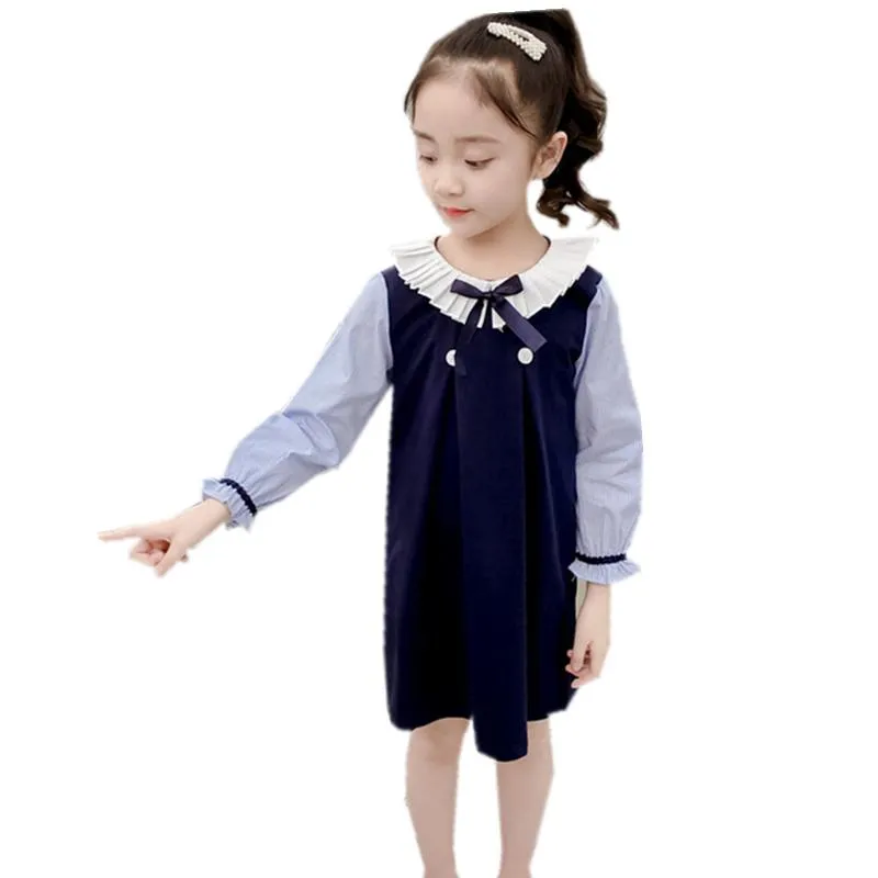 Robes de fille élégante enfants fille bowknot design robe à manches longues bleu marine couleur bébé vêtements de causalité pour l'âge 4 5 6 7 8 9 10 11 12 13 ans