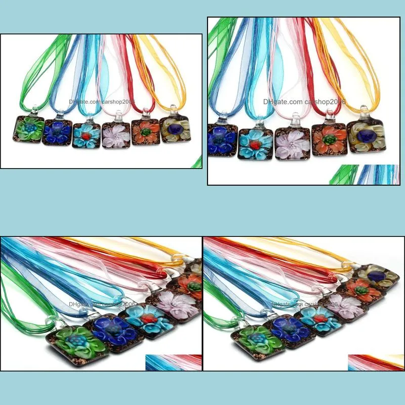 6pcs mixed color jewelry glass flower square murano lampwork pendant with silk rope necklaces