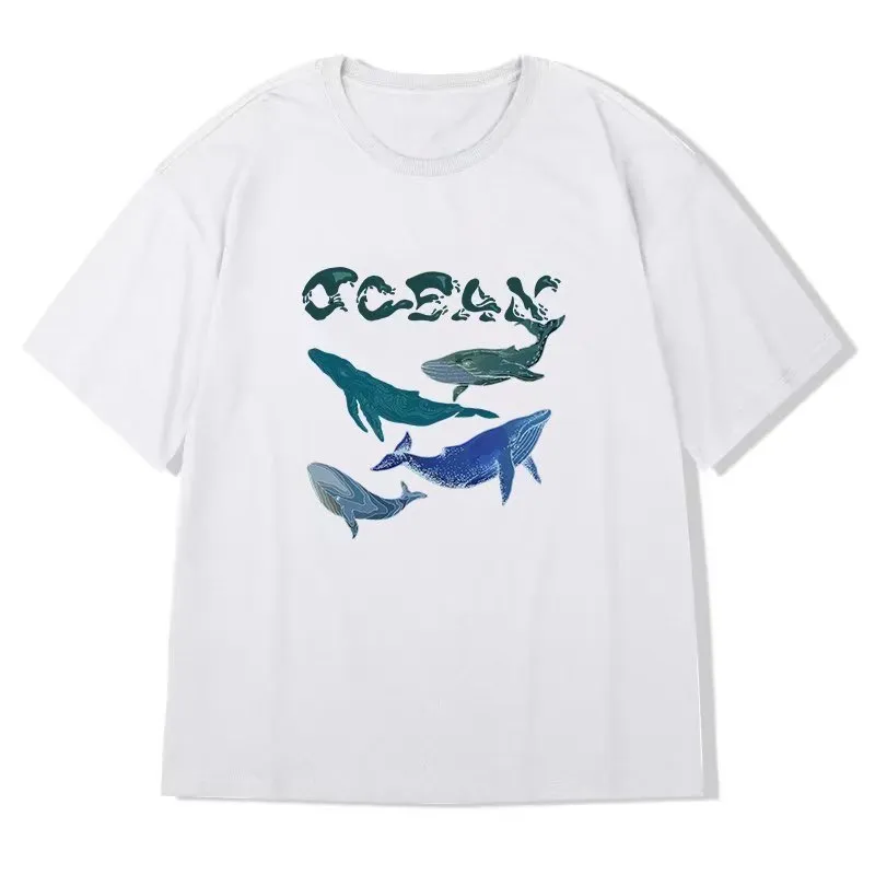 Wieloryby pływają w oceanicznym graficznym męskim bawełnianym bawełnianym krótkim rękawie T Shirt Owwony swobodny luźne ubranie męskie 0615