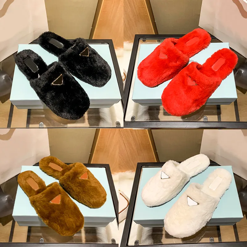 Box Sandals Shearling Sabots 플랫 슬라이드 슬리퍼 여성 신발 화이트 블랙 브라운 빨간 편안한 양모 슬라이드 부드러운 따뜻한 모피 샌들 럭셔리 여성 디자이너 슬리퍼