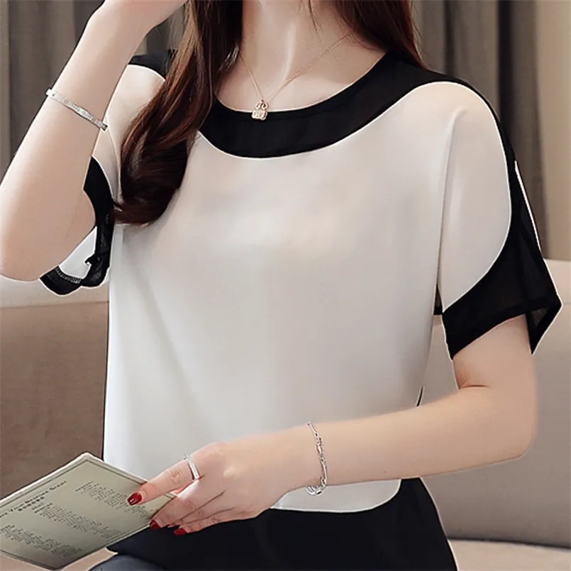 Blouses Summer White Blouse Short Sleeve Blouse Women Blusas Mujer De Moda Verano O-Neck Chiffon Blouse Shirt Tops E753 220407