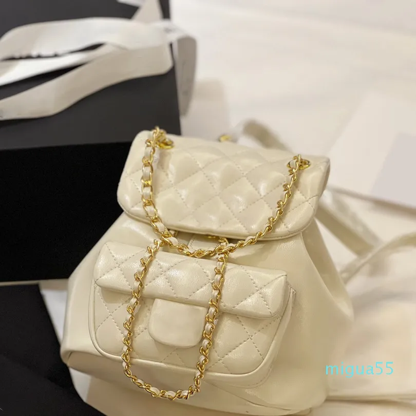 Womens Vinatge White Classic Mini Flap Backpack Bags Real Leather Gold Metal Hardware Chain Bucket Drawstring Purse Outdoor