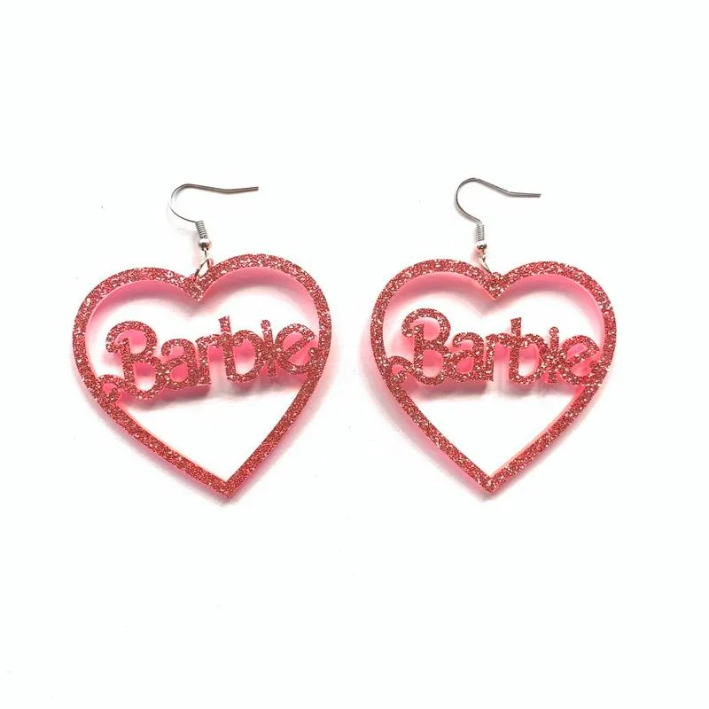 Dangle & Chandelier Lovely Glitter Pink Heart Shape With Words Acrylic Earrings For Women Cute Shiny Girlish Fashion Jewelry GiftDangle