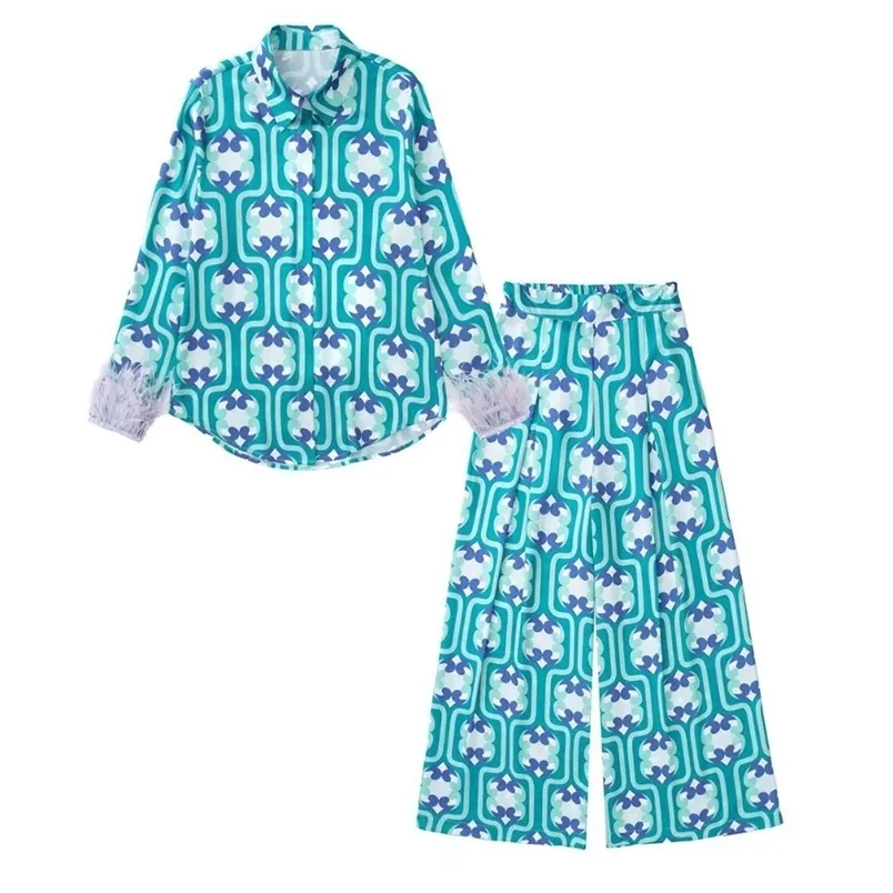 PBZA Women Fashion Floral Print Blouses Vintage Long Sleeve Buttonup met veren vrouwelijke shirts blusas tops 220707